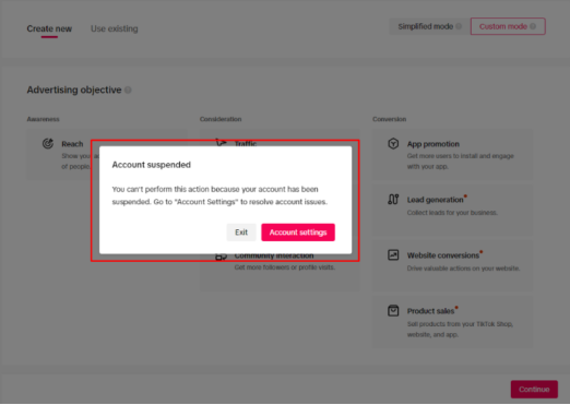 TikTok Ads Manager 账户被禁用弹窗示例