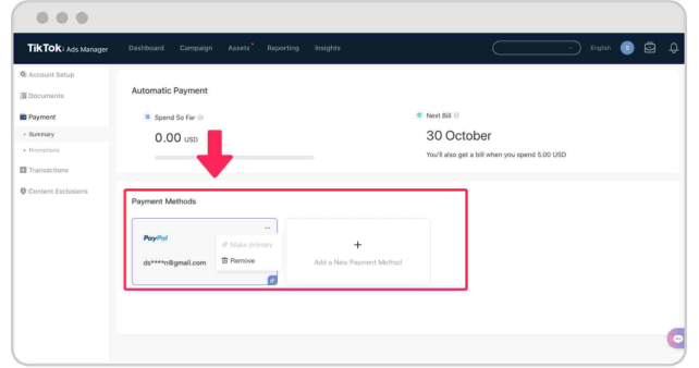 TikTok 广告管理后台 Automatic Payment 界面中的 Payment Methods 设置区域