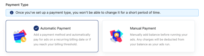 TikTok Ads 自动付款 Automatic Payment 与手动预付款 Manual Payment 选项卡片