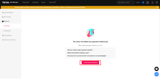 TikTok Ads Manager 付款摘要页面，显示未绑定付款方式及 Add Payment Method 添加入口