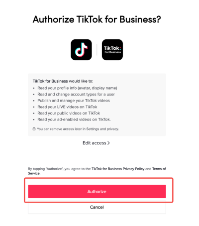 TikTok for Business 接受邀请授权确认页