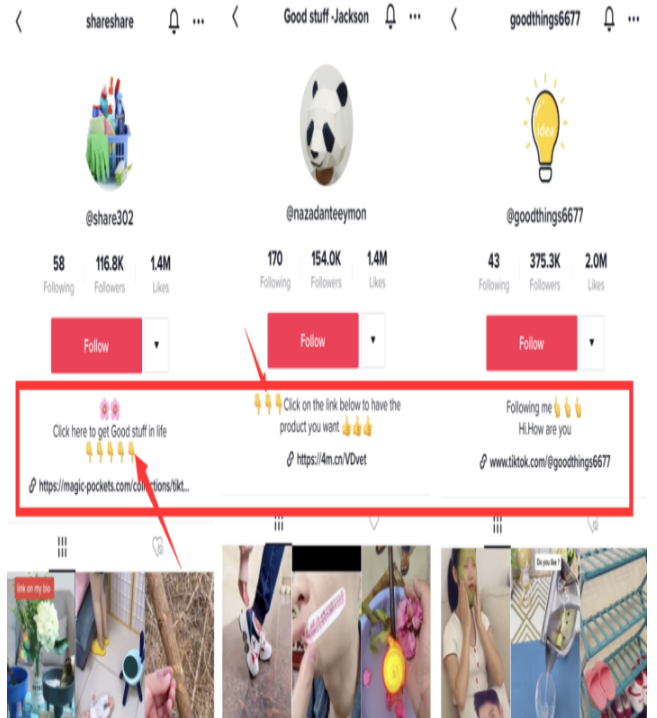 出海账号 Bio 设置案例展示，利用清晰的话术与手势 Emoji 指向下方独立站购买链接