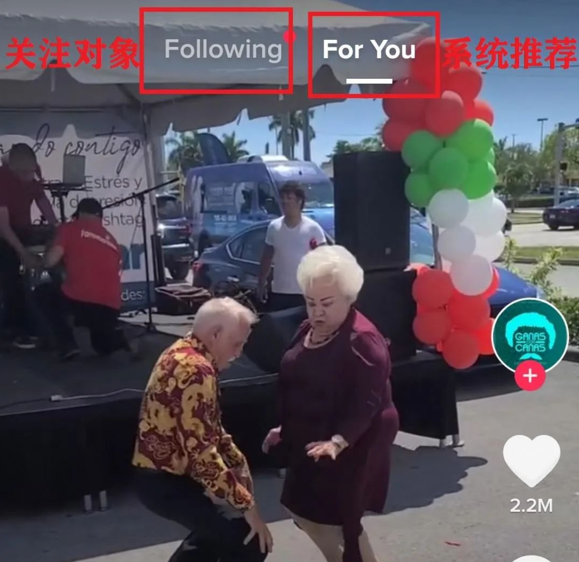 TikTok 顶部双信息流界面标注，左侧为关注对象 Following，右侧为系统推荐 For You