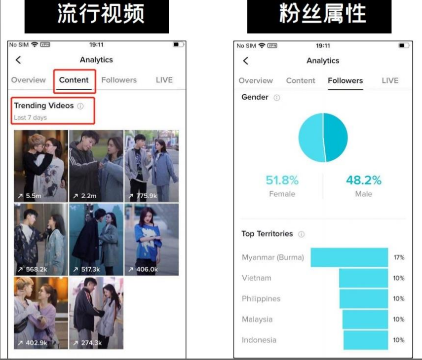 TikTok 创作者后台 Followers 受众分析，展示男女比例（51.8% vs 48.2%）及粉丝所分布的国家与地区分布排行榜