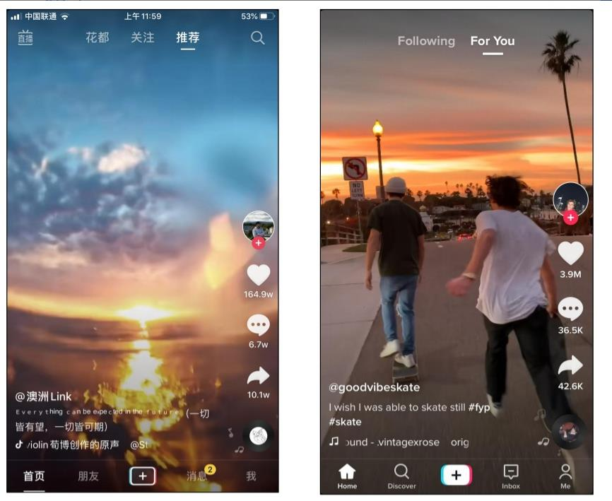 TikTok 移动客户端首页界面标注，展示关注对象 Following 流与智能系统推荐 For You 流的区别