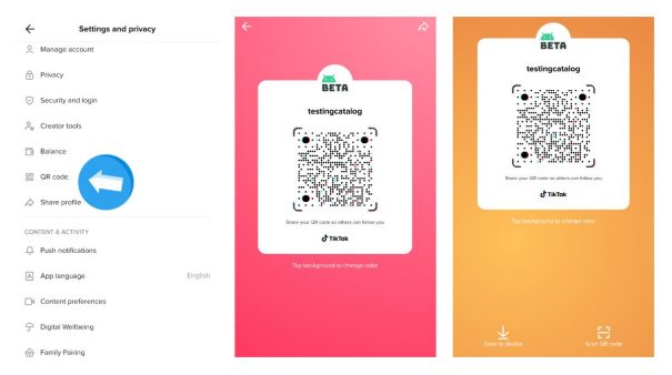TikTok 移动端设置与隐私页面中的二维码入口及授权二维码示例