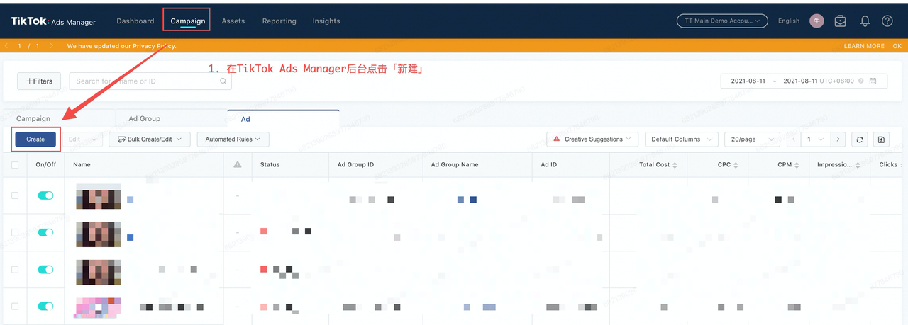 TikTok Ads Manager Campaign 页面