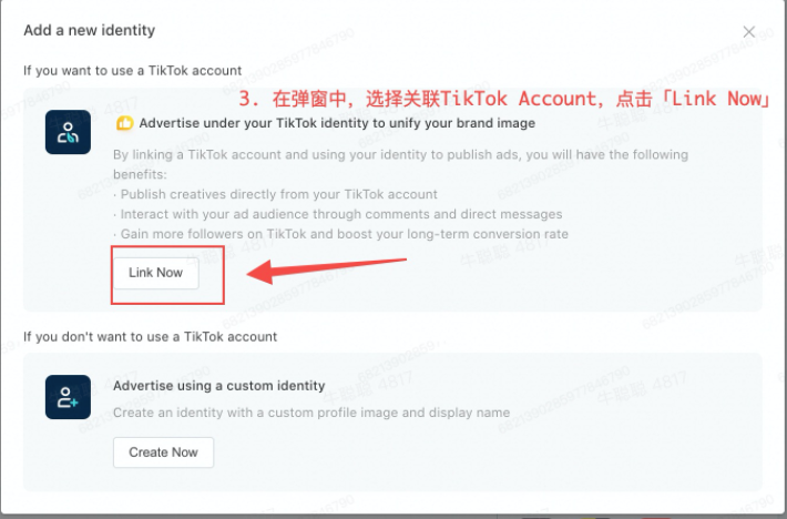 Add a new identity 弹窗中的 Link Now