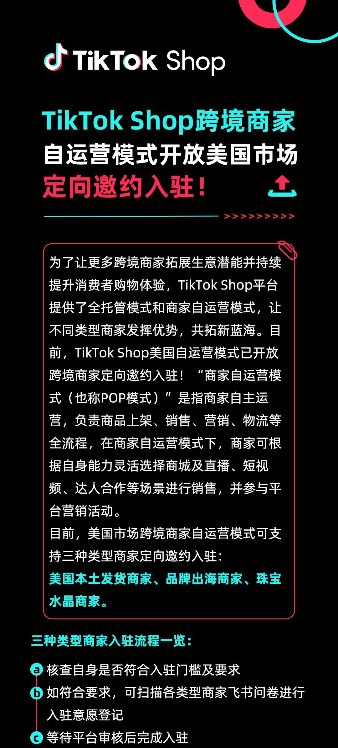 TikTok Shop 跨境商家自运营模式开放美国市场定向邀约入驻宣传长图