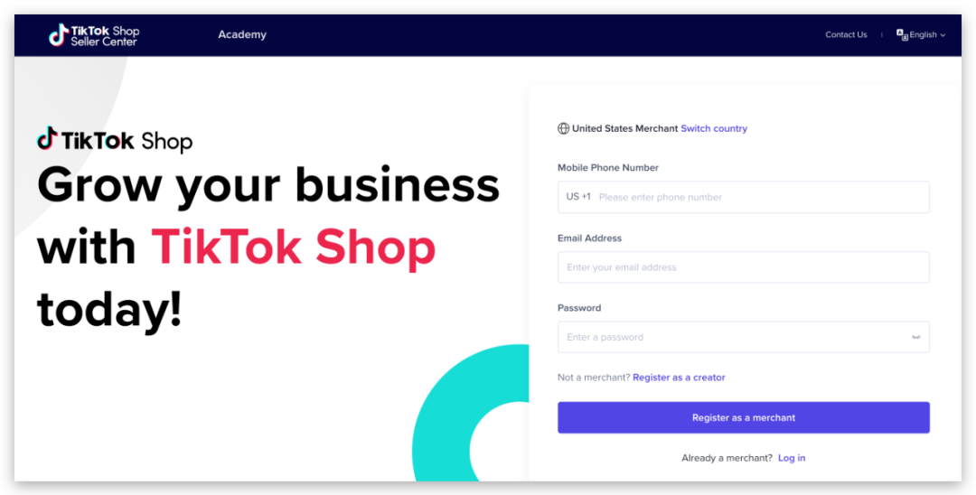 TikTok Shop 美国卖家注册页面，包含手机号、邮箱和密码输入框